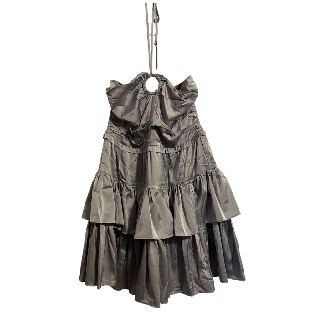 LaBiz Metallic Silver/Gray Tiered Sleeveless Halter Mini Cinched Dress